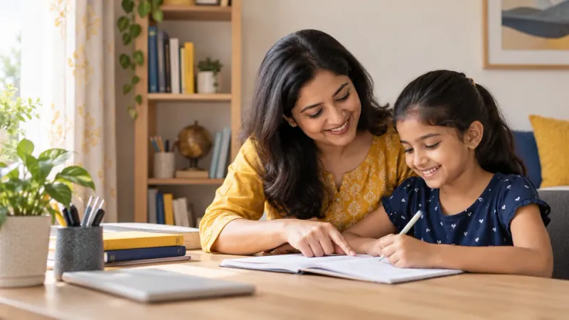 A mother helping her daughter study at home